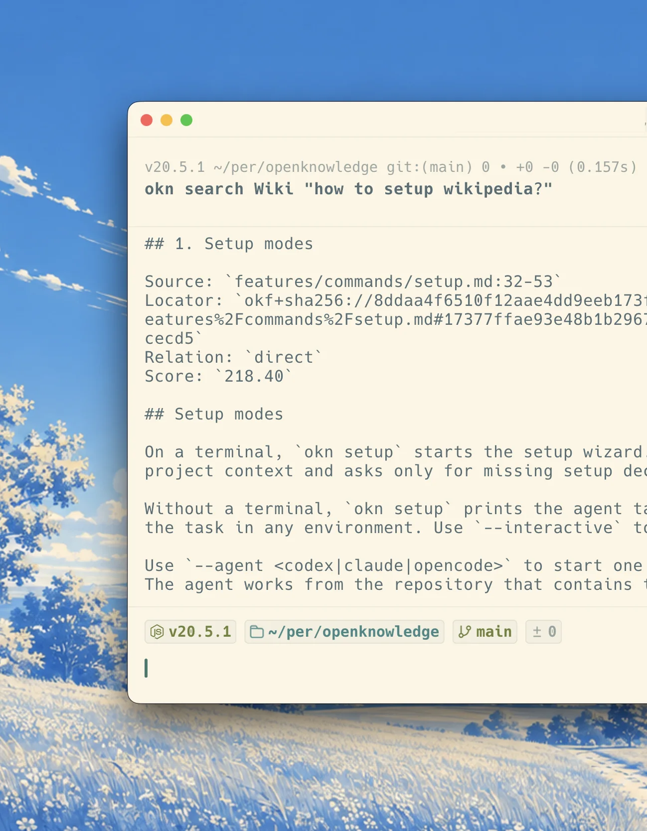 Terminal showing Open Knowledge search results with Markdown source locations, relationships, and scores